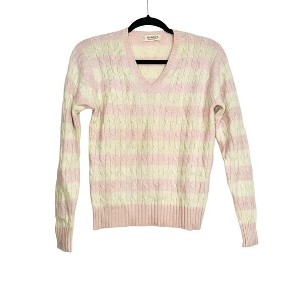 Hawick Cashmere V-Neck Cable Knit Stripe Pink Cream Sweater MEDIUM - Picture 1 of 6
